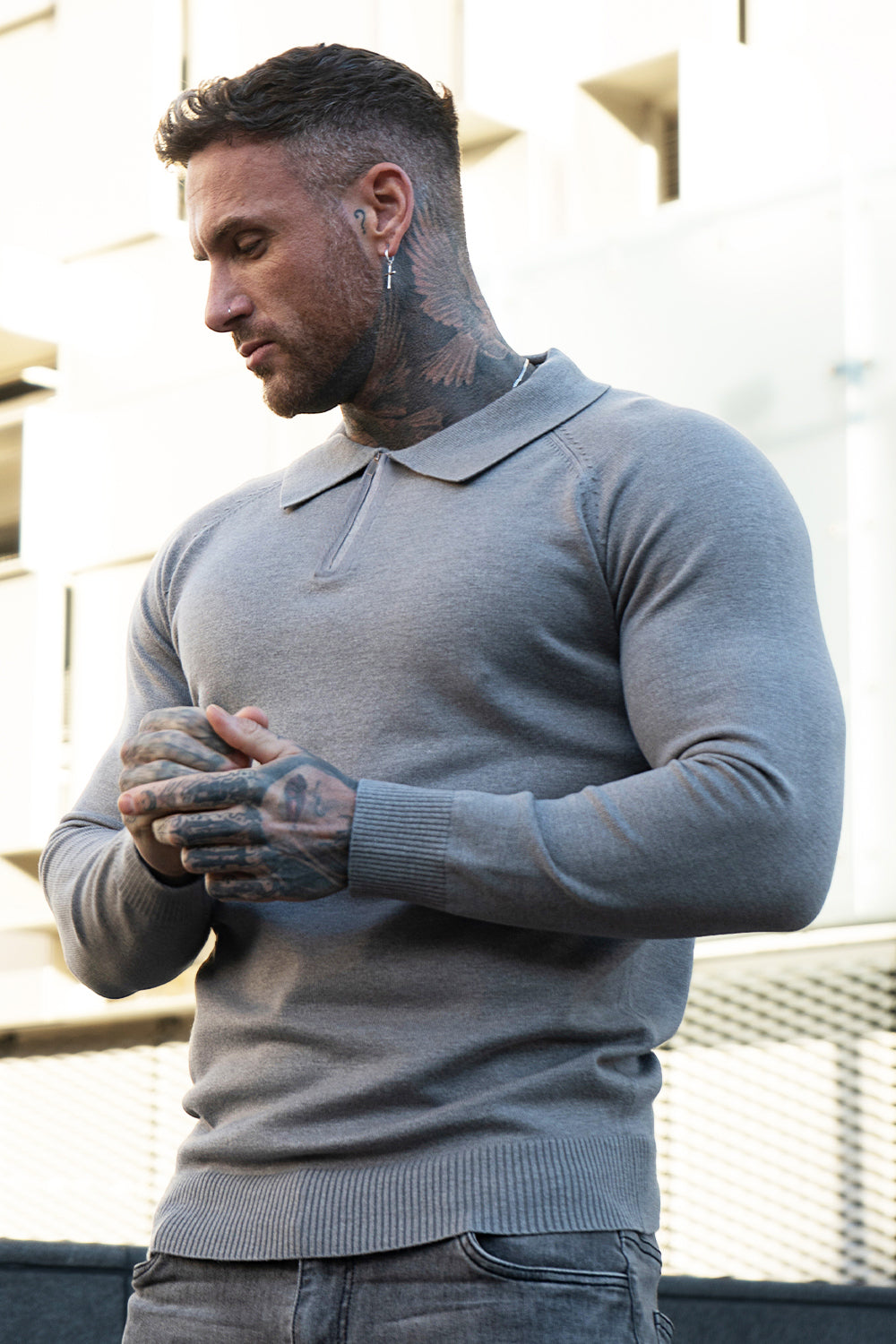 Men's Slim Fit Long Sleeve Polo Shirt - Grey