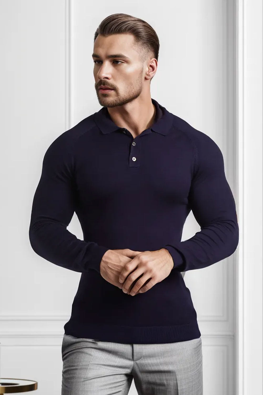 Men's Slim Fit Long Sleeve Polo Shirt - Navy Blue