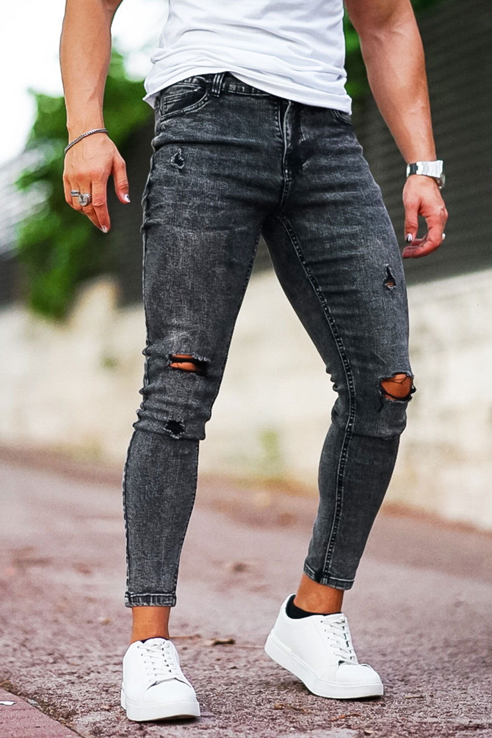 Men High Waisted Ripped Skinny Jeans - Dark Gray