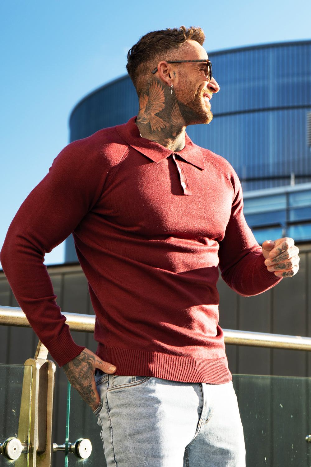 Men's Slim Fit Long Sleeve Polo Shirt - Red