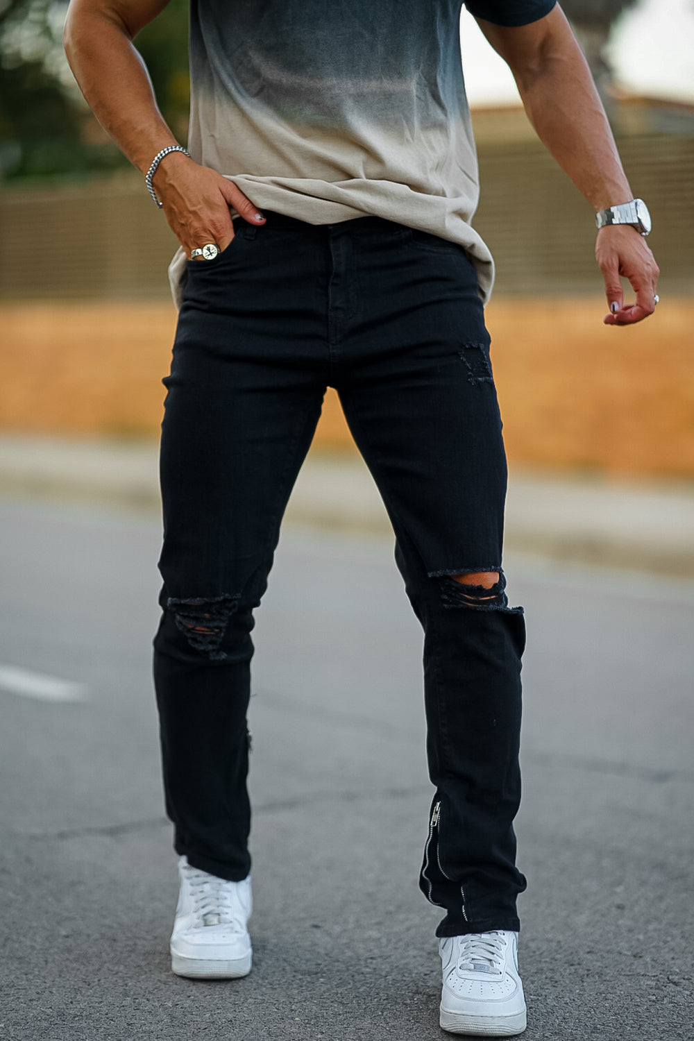 Men‘s Vintage Ripped Zip stacked jeans Stretch Jeans