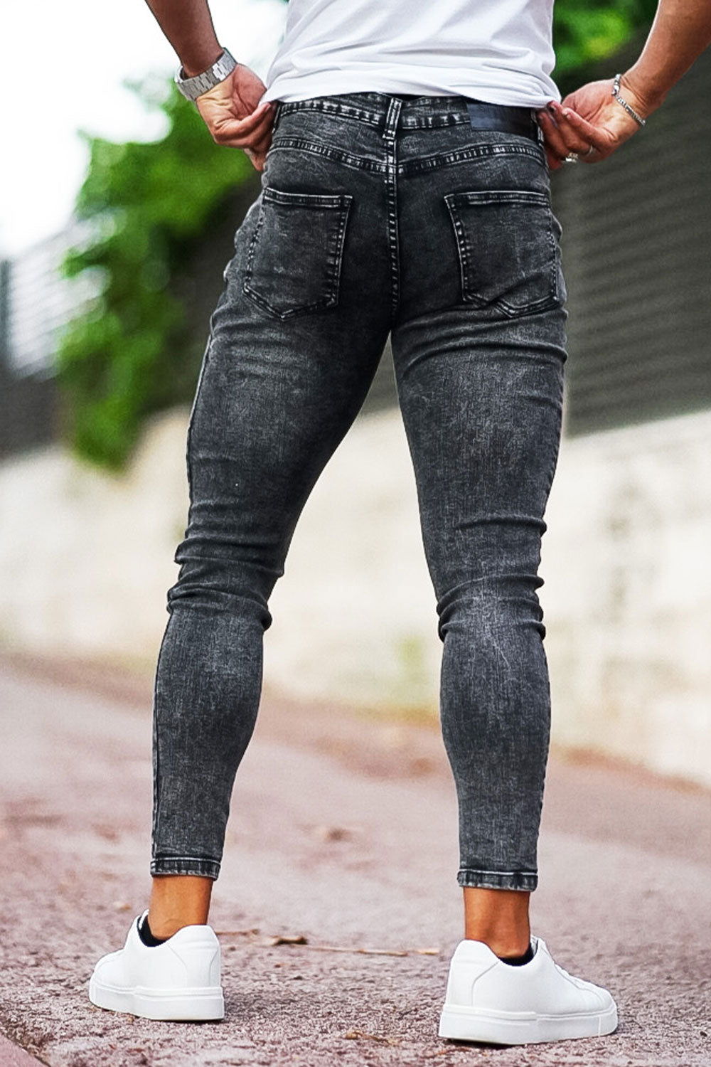 Men High Waisted Ripped Skinny Jeans - Dark Gray
