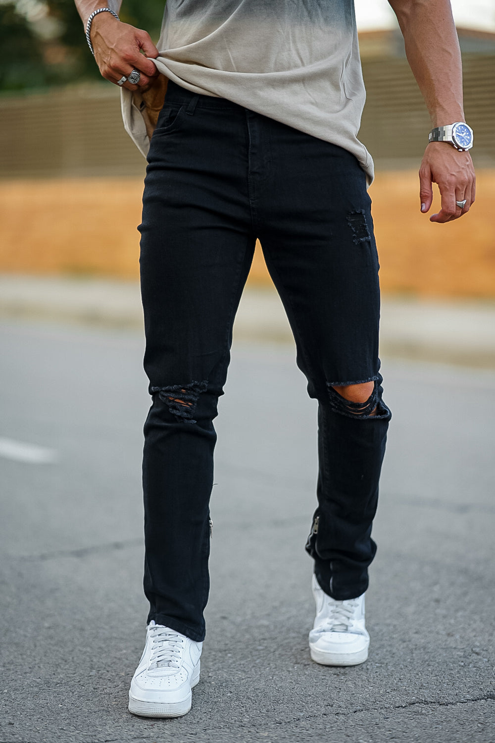 Men‘s Vintage Ripped Zip stacked jeans Stretch Jeans