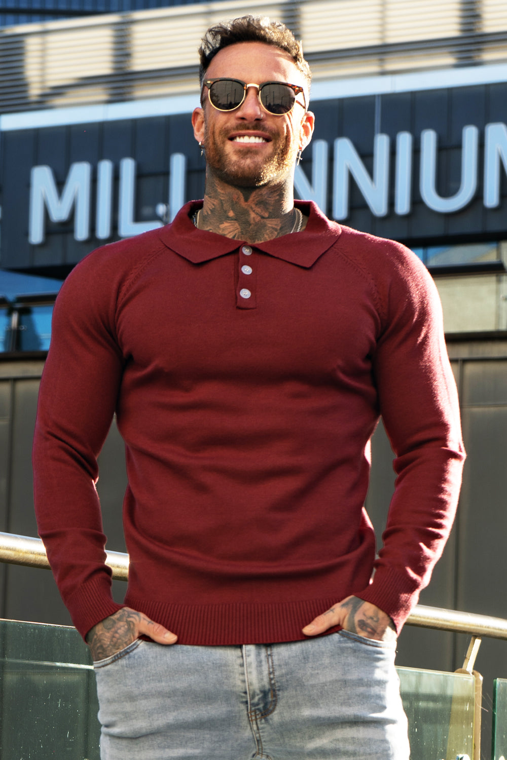 Men's Slim Fit Long Sleeve Polo Shirt - Red