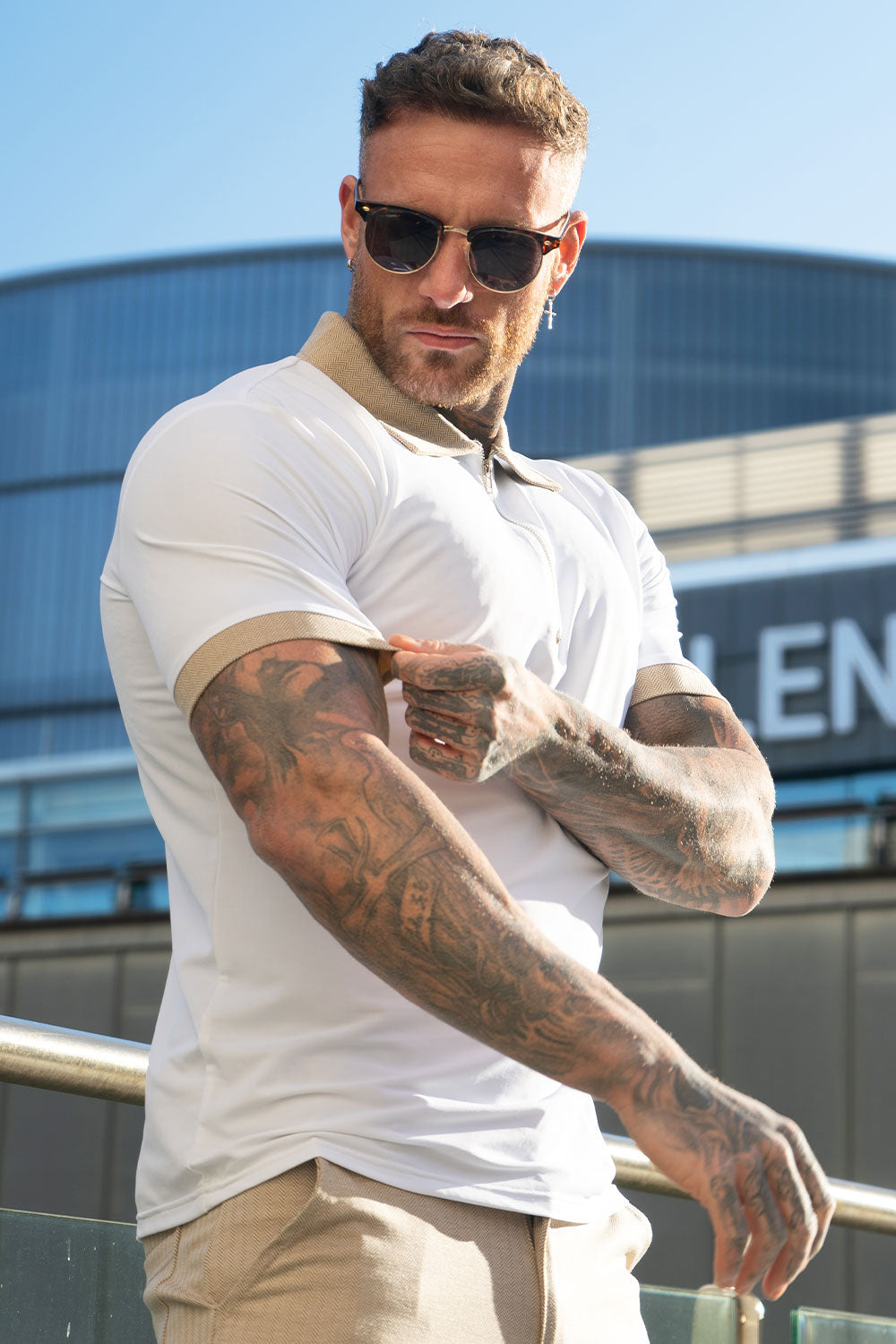 Gingtto High Quality Polo Shirts - White & Khaki