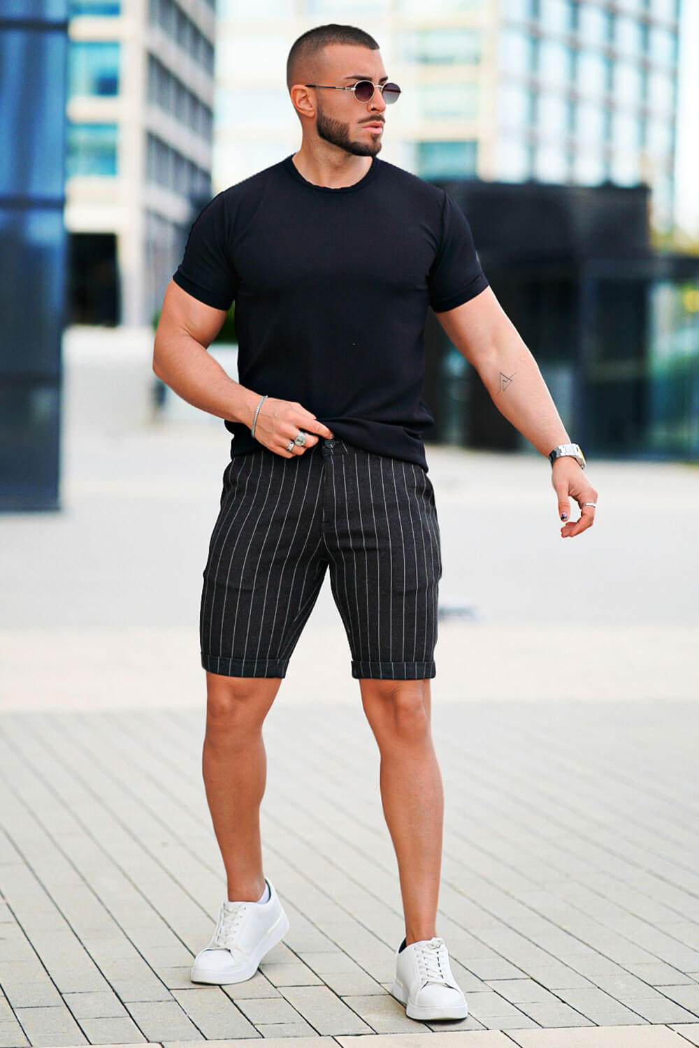 Men's Black Chino Short - Vertical Stripe