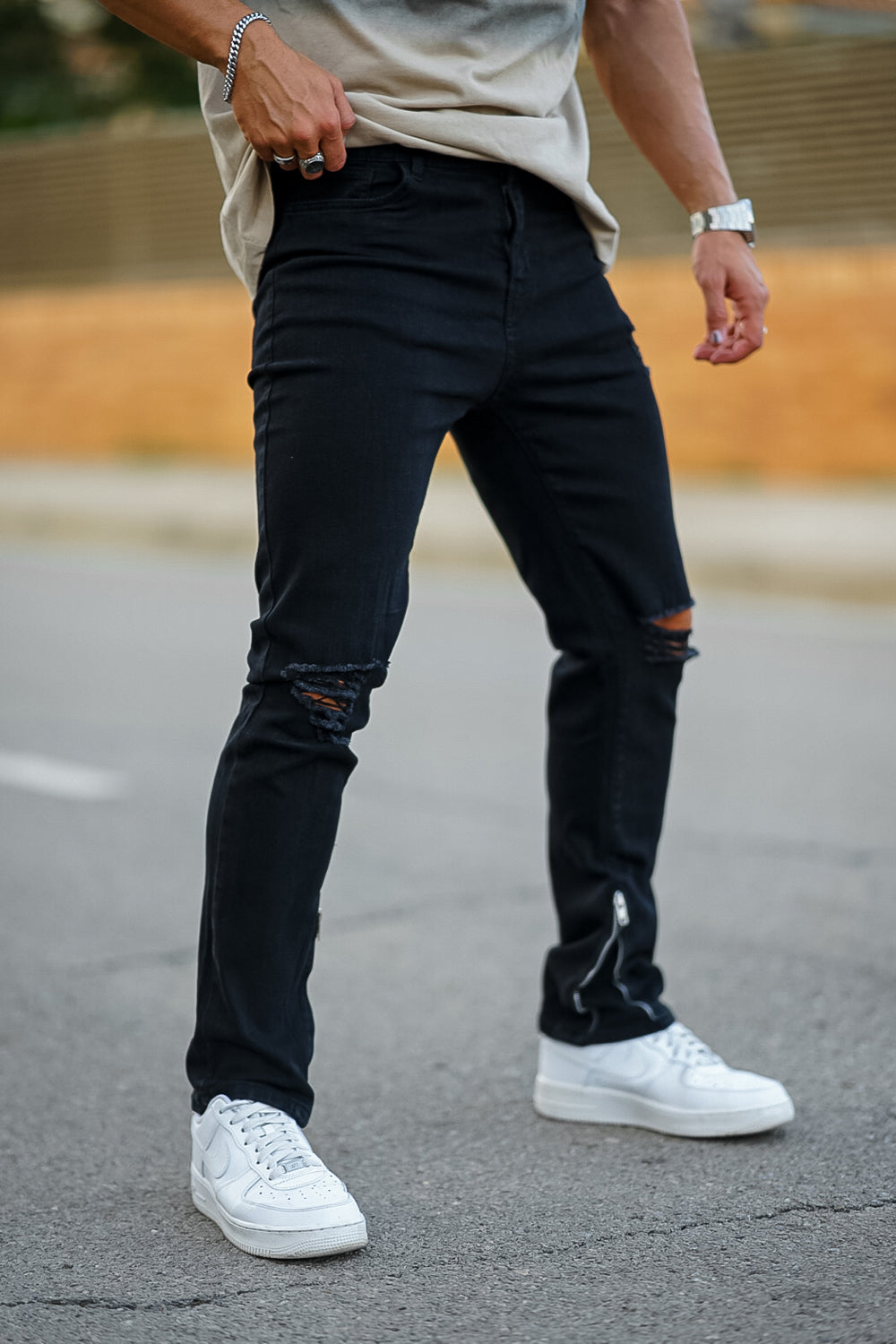 Men‘s Vintage Ripped Zip stacked jeans Stretch Jeans