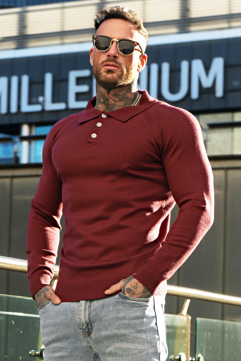 Men's Slim Fit Long Sleeve Polo Shirt - Red