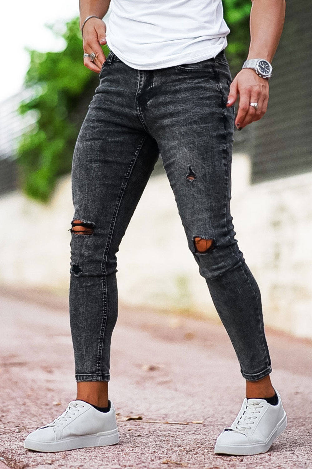 Men High Waisted Ripped Skinny Jeans - Dark Gray