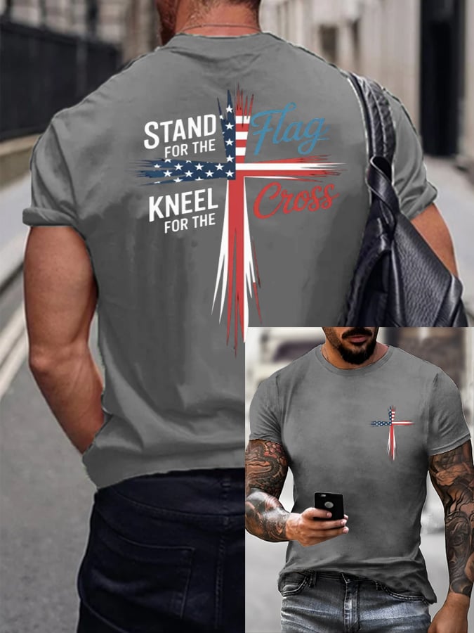 Hot Sale Picks Men's Stand For Flag Kneel For The Cross Print T-Shirt