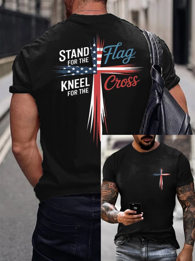 Hot Sale Picks Men's Stand For Flag Kneel For The Cross Print T-Shirt