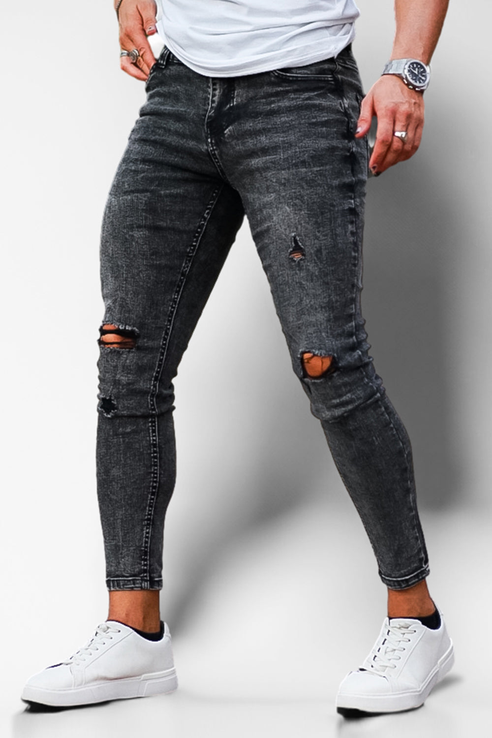 Men High Waisted Ripped Skinny Jeans - Dark Gray