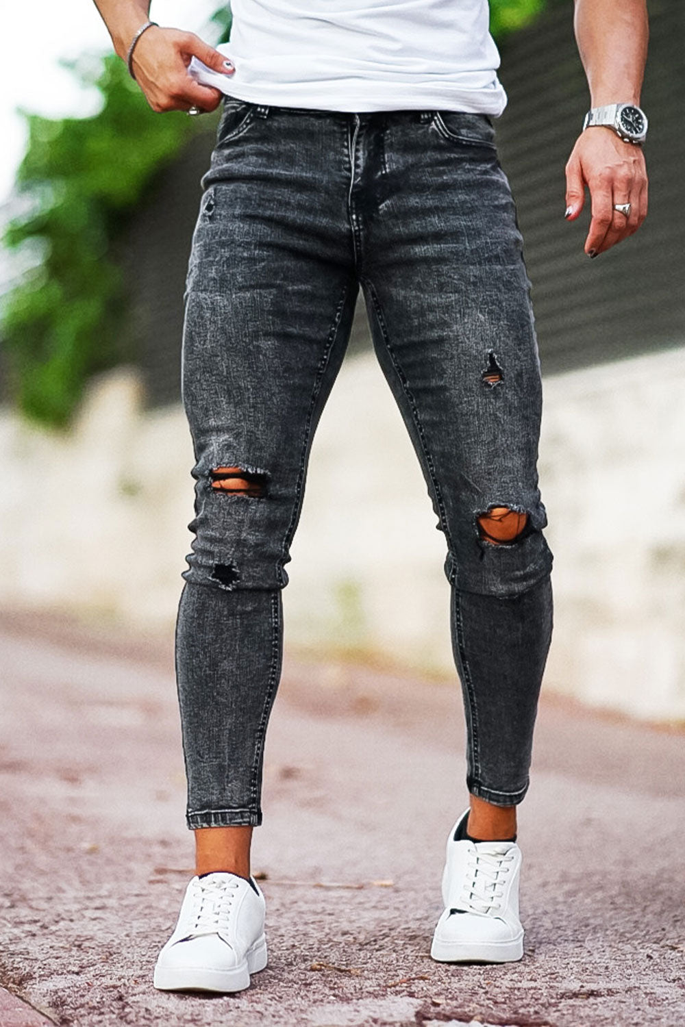 Men High Waisted Ripped Skinny Jeans - Dark Gray