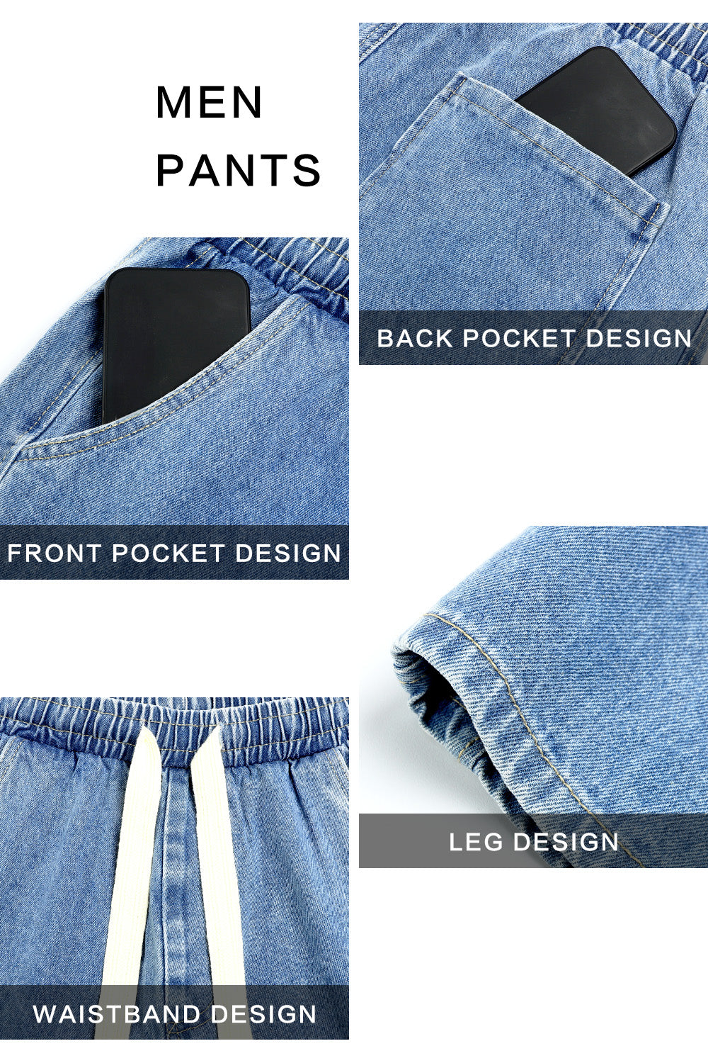 Men's Drawstring Loose Jean With Pocket - Blue