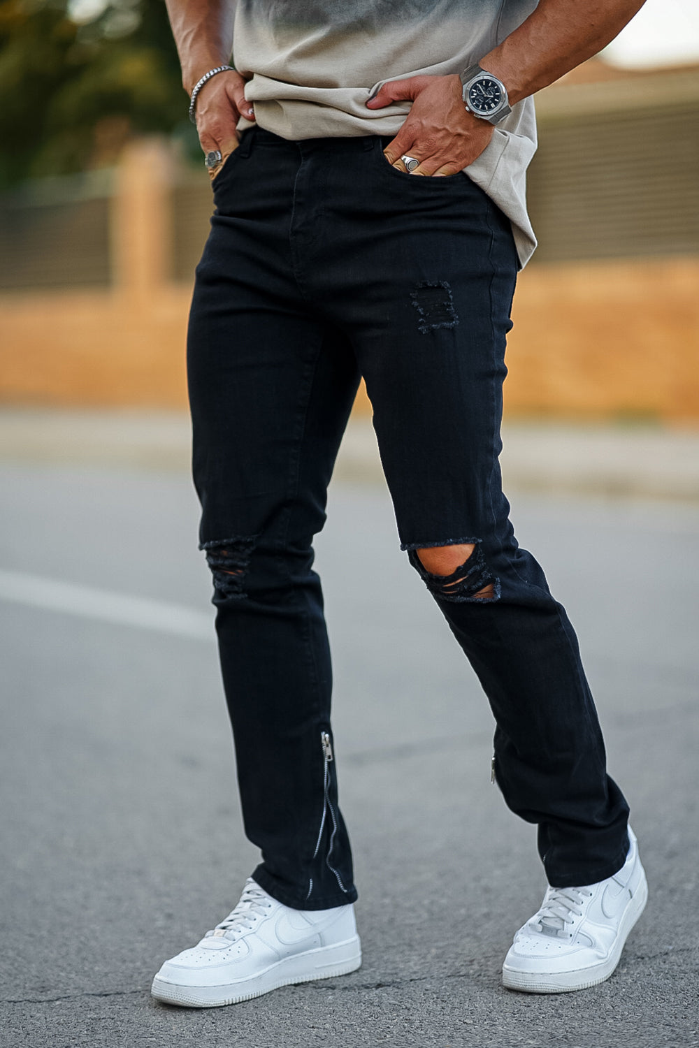 Men‘s Vintage Ripped Zip stacked jeans Stretch Jeans