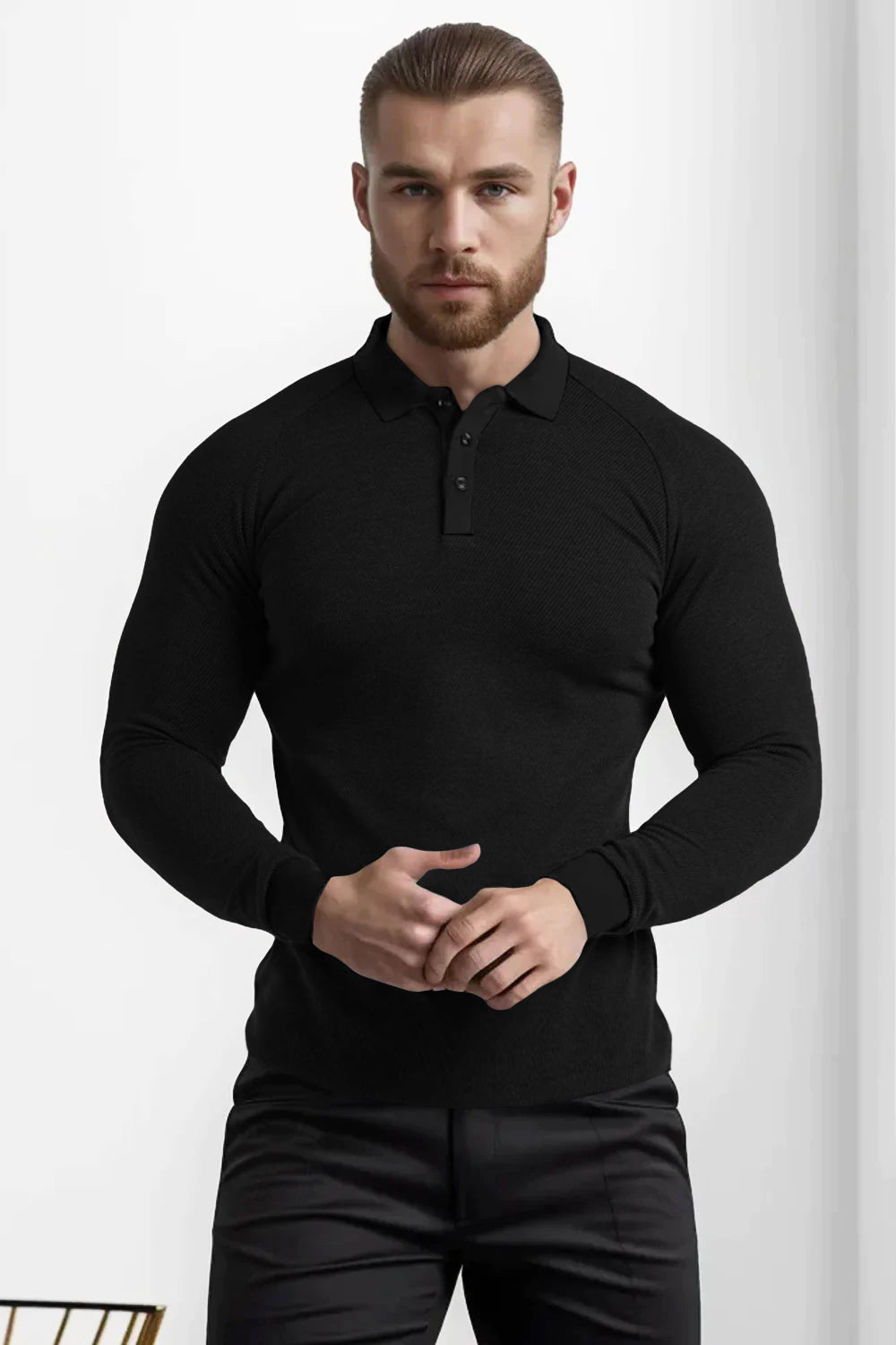 Men's Slim Fit Long Sleeve Polo Shirt - Black