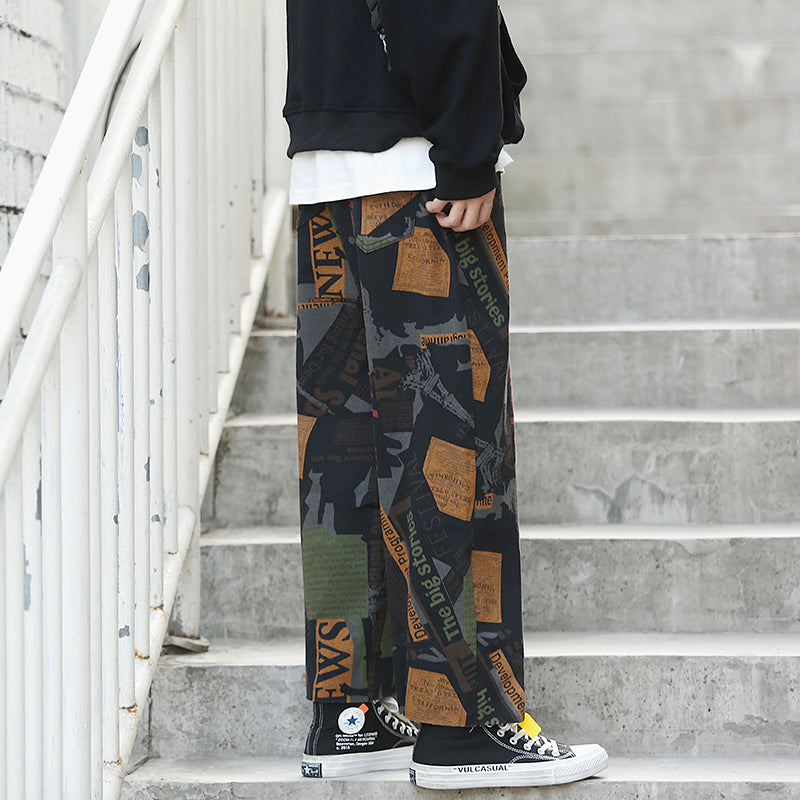Printed Knit Jeans Straight Hair Edge Retro Stretch Culottes