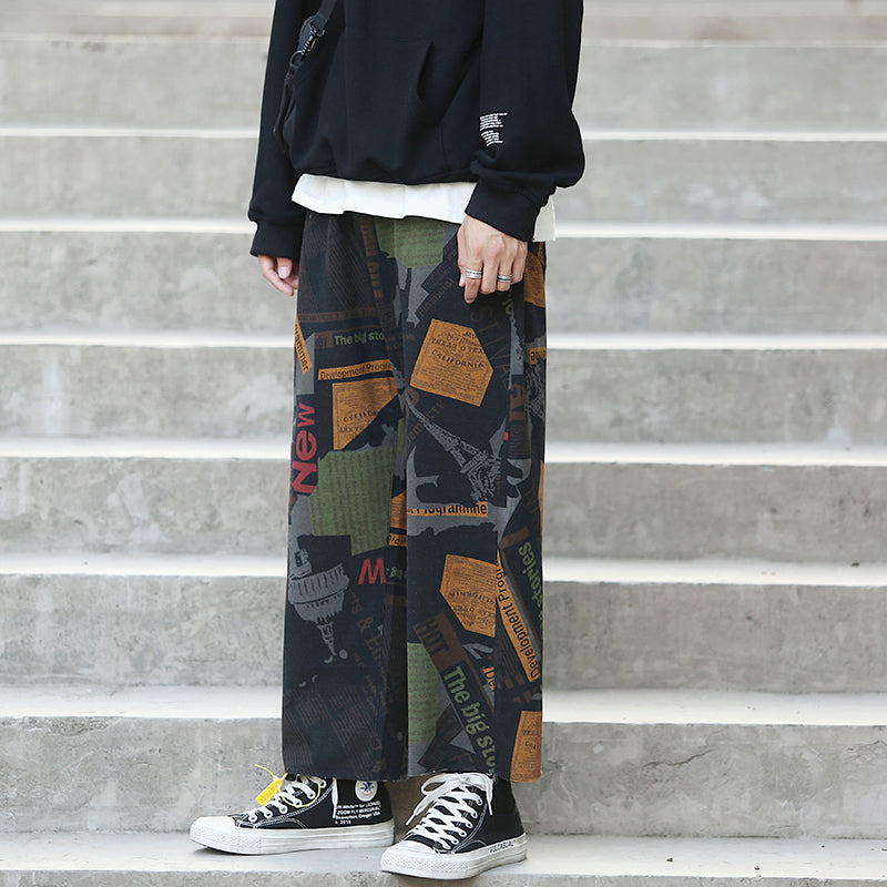 Printed Knit Jeans Straight Hair Edge Retro Stretch Culottes