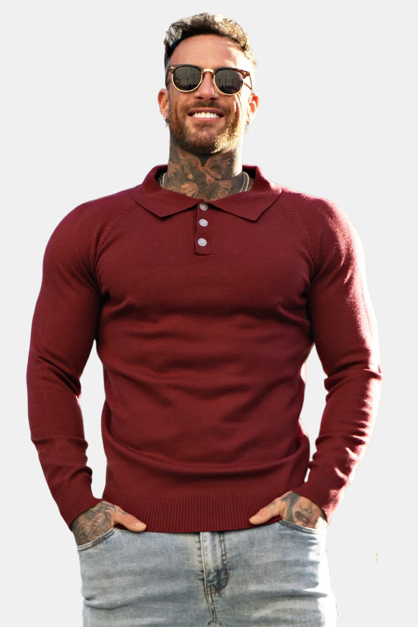 Men's Slim Fit Long Sleeve Polo Shirt - Red