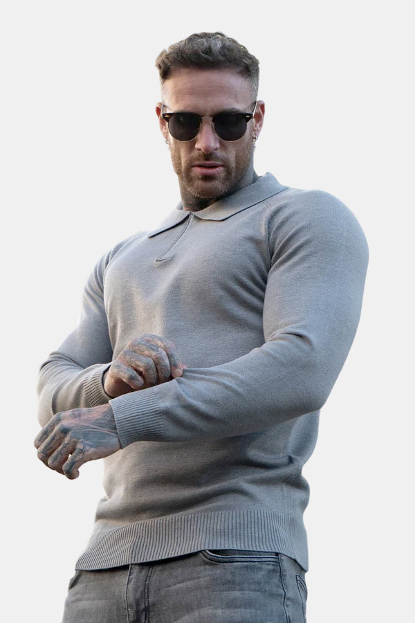 Men's Slim Fit Long Sleeve Polo Shirt - Grey