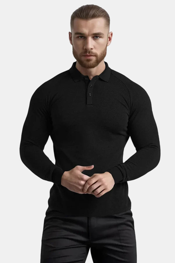 Men's Slim Fit Long Sleeve Polo Shirt - Black