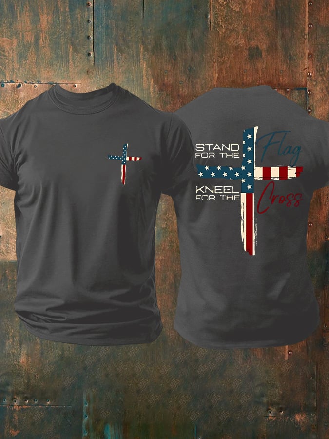Men's Stand For The Flag Kneel For The Cross Casual Printed T-Shirt