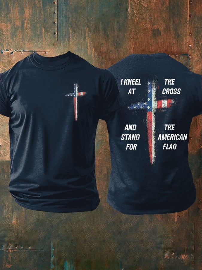 Mens Stand For The Flag Kneel For The Cross Printed Casual T-Shirt
