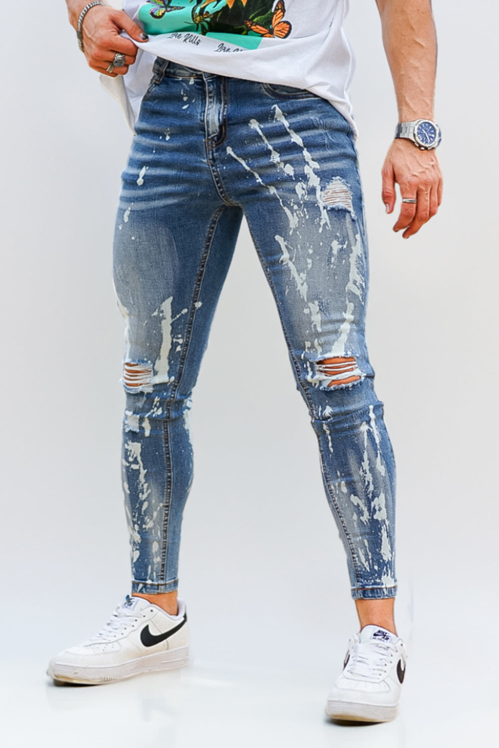 Men's Ripped Spray Paint Skinny Jean - Blue