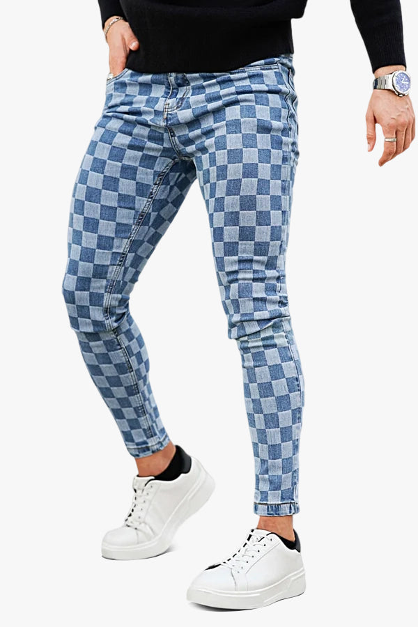Fashion Skinny Jean For Men - Blue & Checkerboard